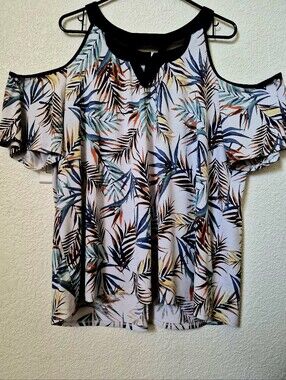 Cold-Shoulder Tropical Print Women’s Top - Multi